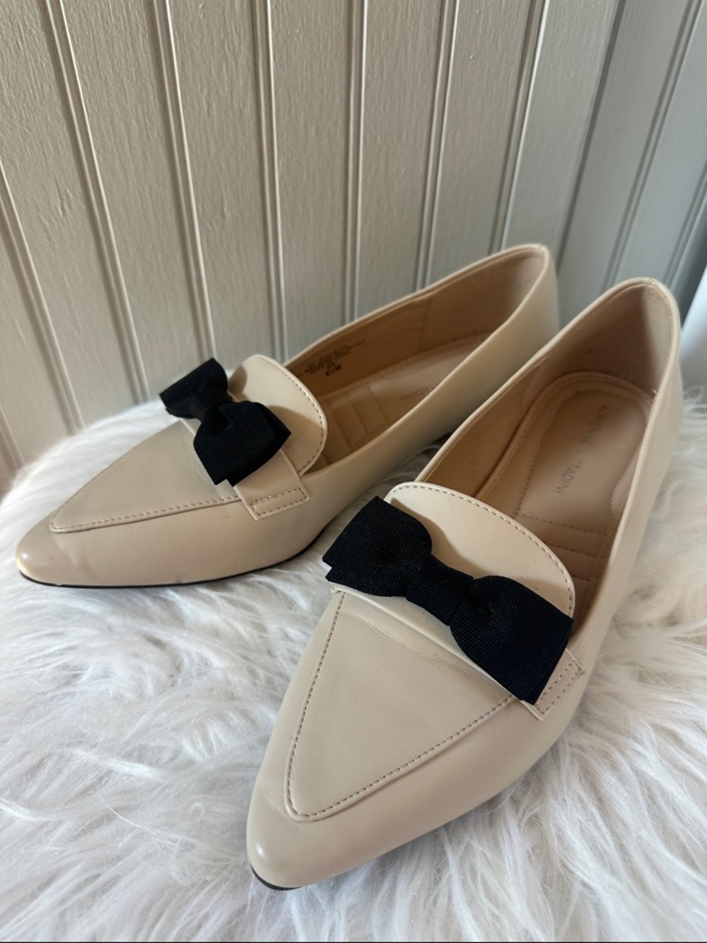Women’s Beige Pointed-Toe Loafers with Black Bow
